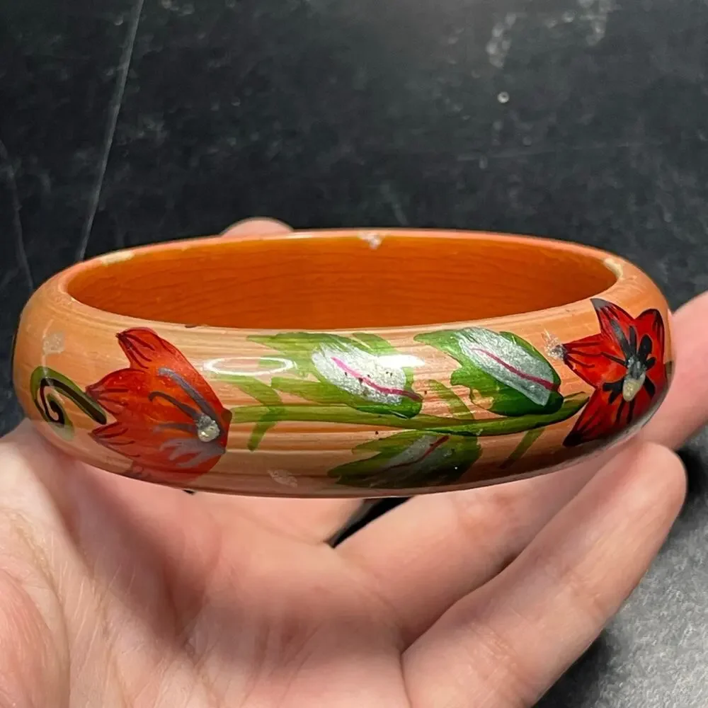 Hand Painted Wood Bangle Bracelet Floral Flowers Lacquered Folk Art 8.5